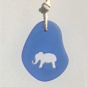 Carved Elephant Sea Glass Necklace Deep Blue